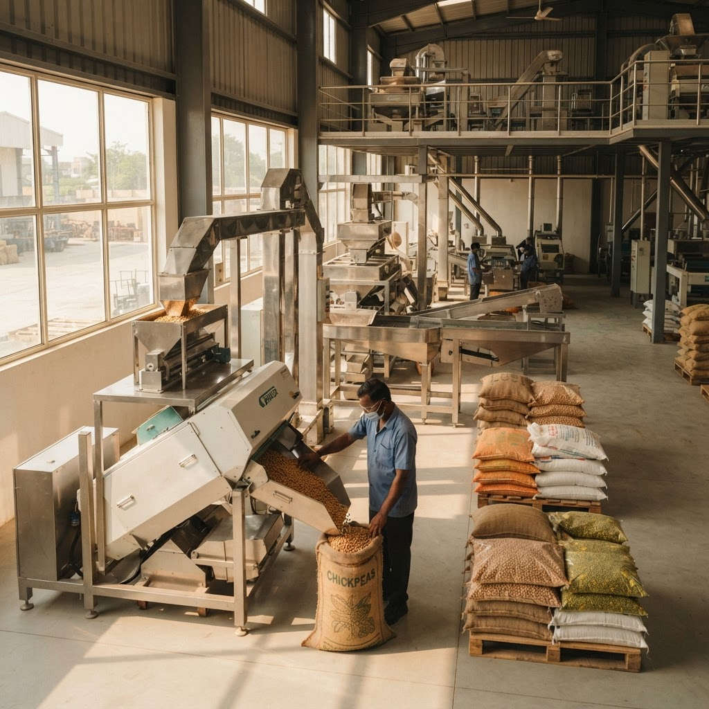 Grain cleaning and grading machinery at the processing plant